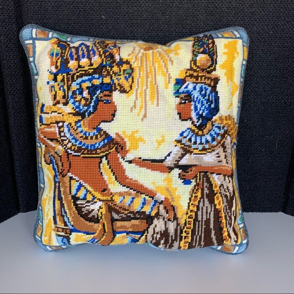 Vintage Needlepoint Egyptian Scene Pharaoh 14x14 Square Pillow. Bright Colors.